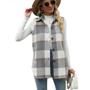 Chic Women's Plaid Shacket Jacket - X-Large Sleeveless Flannel with Pockets
